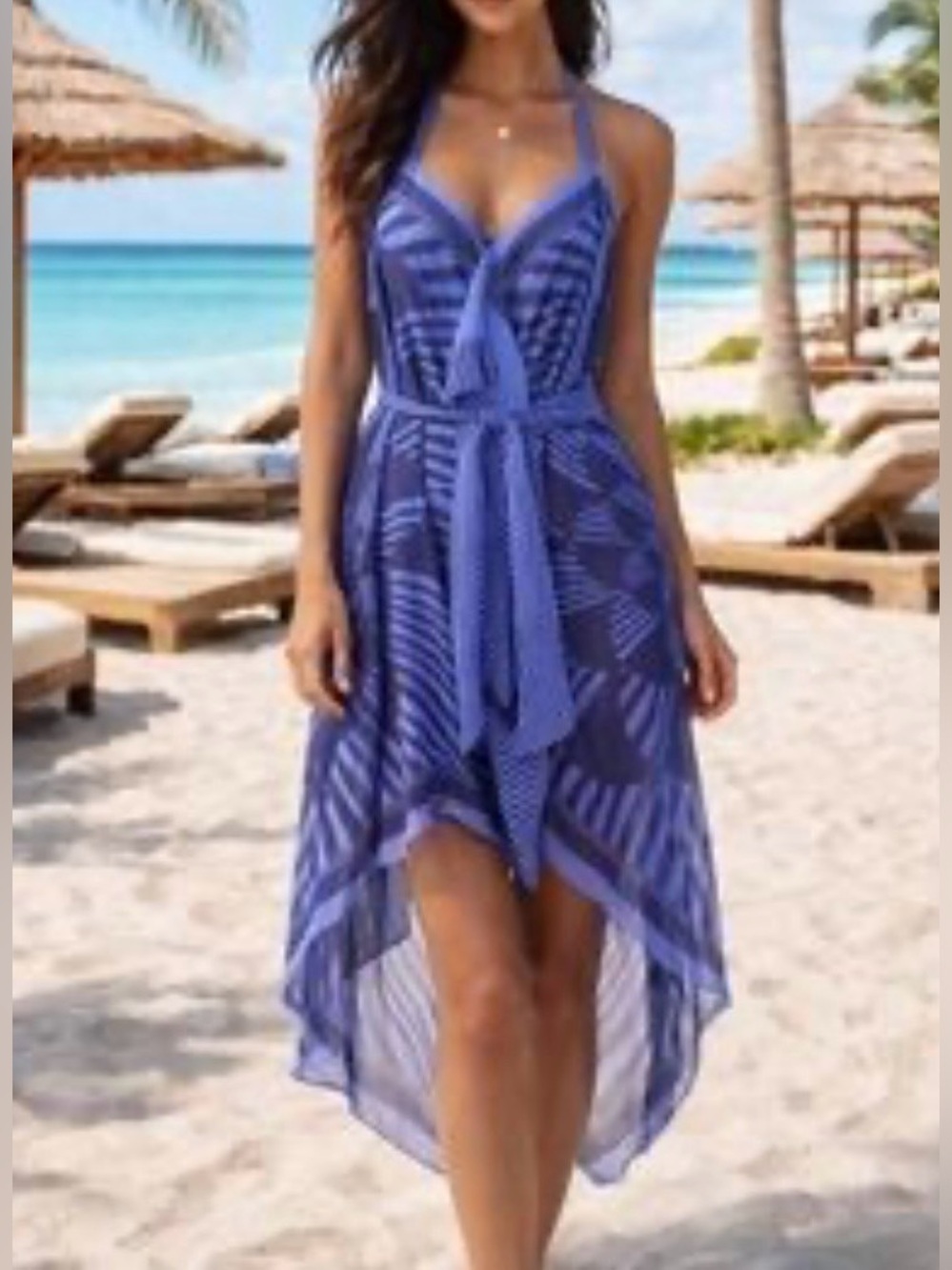 BCBGMaxAzria Blue Striped High-Low Tie-Waist Dress 100% silk size 4